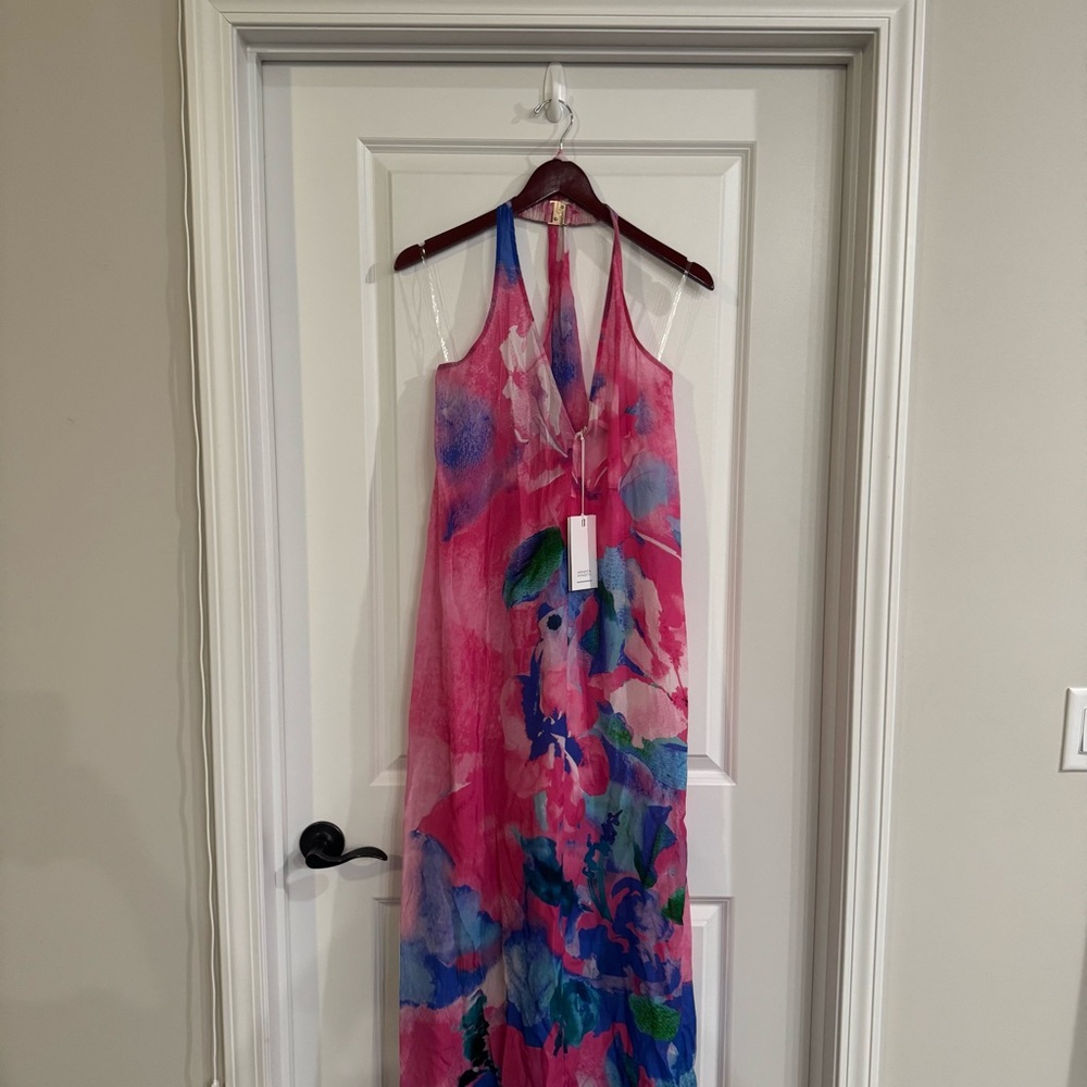 NWT: HEMANT & NANDITA Pink Floral Maxi Dress with Blue & Green Accents - Picture 4 of 16